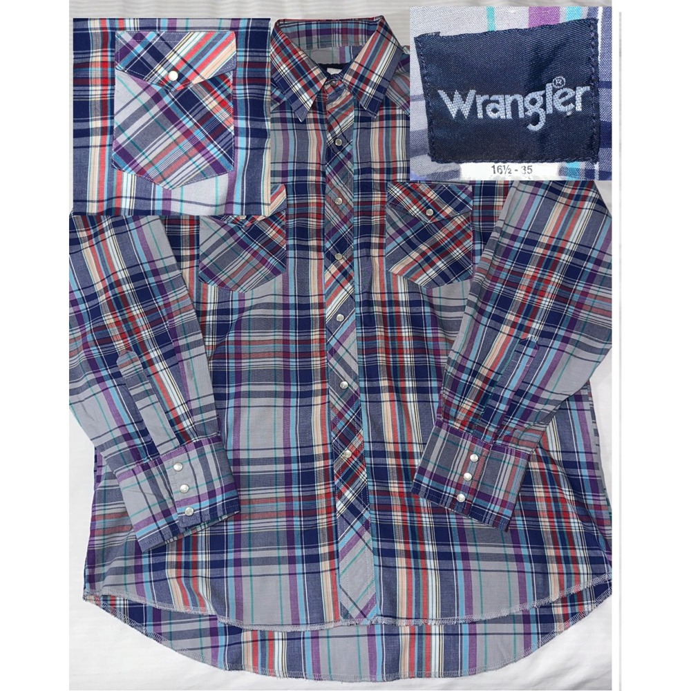 Vintage Wrangler Western Shirt L Plaid Pearl Snap Purple Teal 16 1/2-35 Cowboy‎